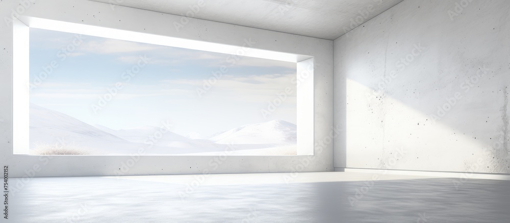 Fototapeta premium An abstract white and concrete interior featuring an empty room with a large window, allowing natural light to fill the space. The simplicity of the design enhances the spaciousness of the room.