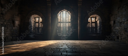 A dark room illuminated by two windows  with a rough brick floor. The sunlight creates a stark contrast against the dim interior  highlighting the texture of the bricks.