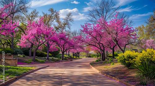 full bloom Beautiful Redbud Trees in the road side - AI Generated