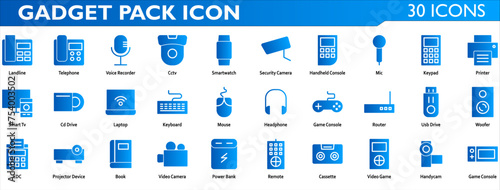 Gadget icon set. Containing landline,voice recorder,cctv,smartwatch,security camera,handheld console,mic,keypad,printer,smart tv,cd drive,laptop,keyboard,mouse,game console. Solid gradient style