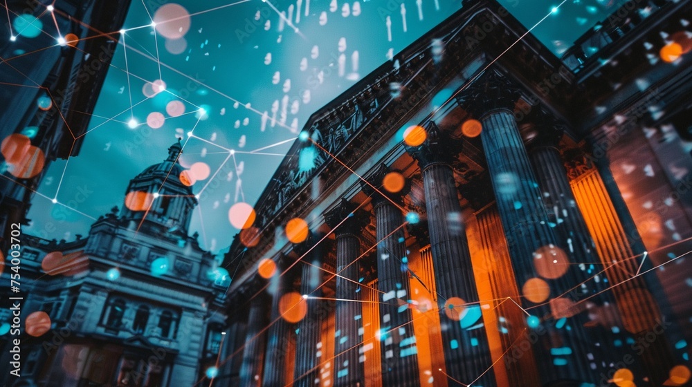 Smart contracts and AI financial advisors set against the backdrop of historic banking institutions - obrazy, fototapety, plakaty 