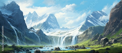 A detailed painting showcasing a majestic waterfall cascading down a rugged mountain landscape in the Arctic region. The waterfall is depicted in full force  surrounded by icy cliffs and snow-covered