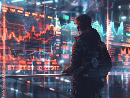 Futuristic trader analyzing glowing cryptocurrency charts