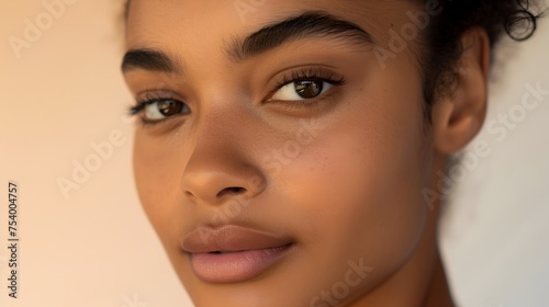 Close-Up Portrait of Attractive Young Woman with Natural Makeup, To provide a captivating and realistic portrait of a young woman with natural makeup