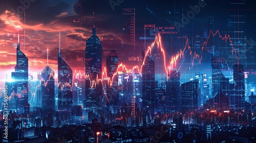 Futuristic city skyline with crumbling stock market graphs symbolizing bankruptcy photo