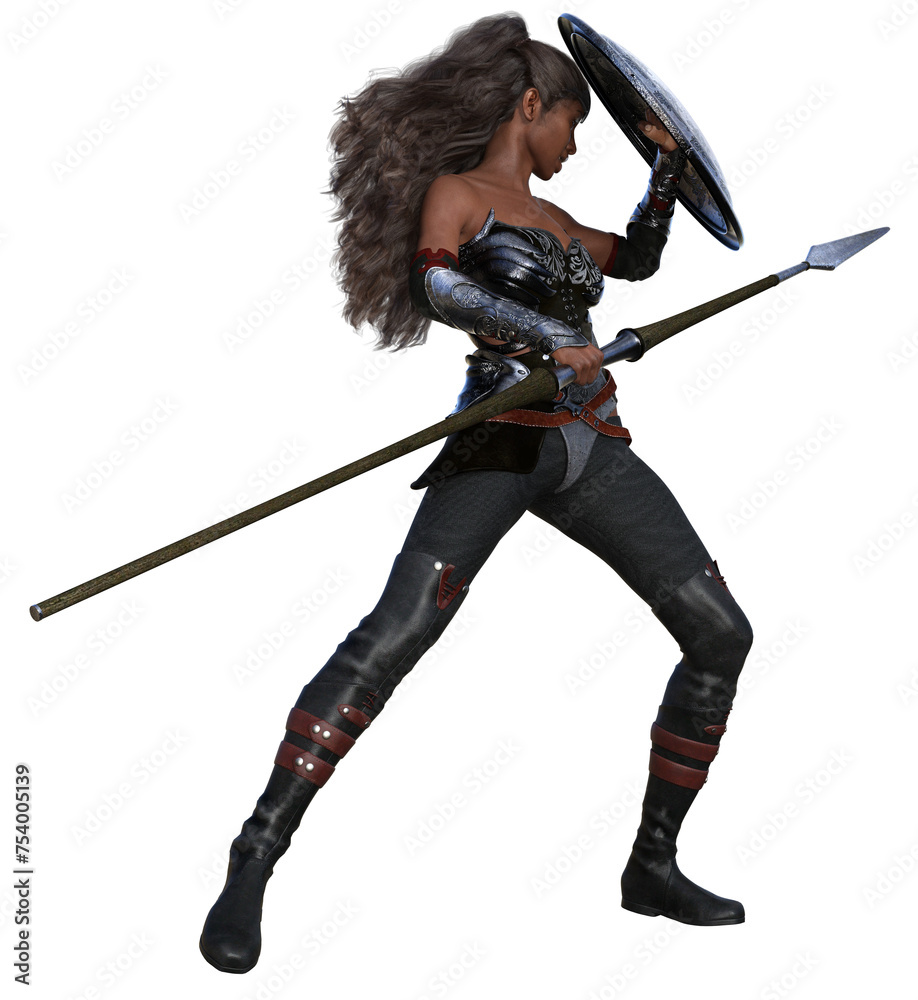 3D Rendered African American Female Warrior Isolated On Transparent Background Fighting With Spear and Shield - 3D Illustration 3D Rendered African American Female Warrior Isolated On Transparent Background Fighting With Spear and Shield - 3D Illustration