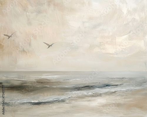 Neutral Ocean Landscape Vintage Oil Painting Art