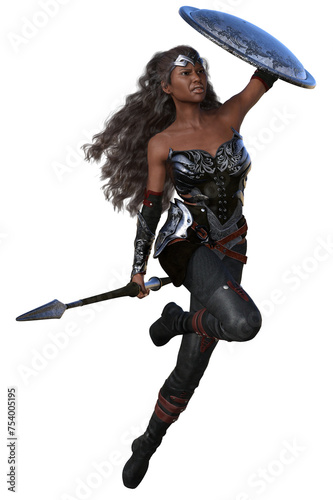 3D Rendered African American Female Warrior Isolated On Transparent Background Fighting With Spear and Shield - 3D Illustration
