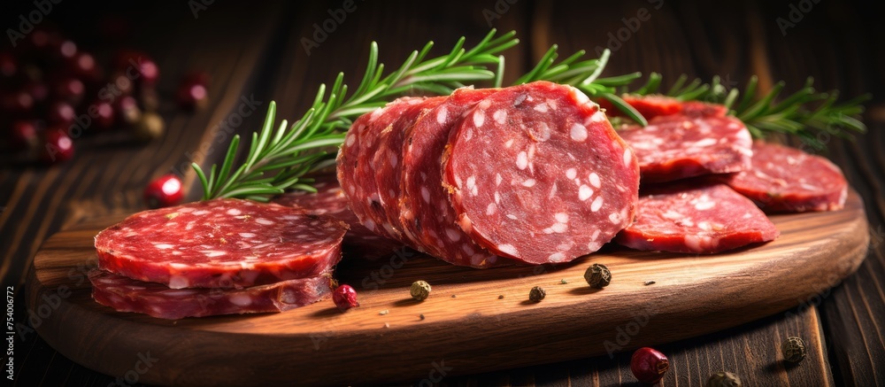 A wooden cutting board is shown with several slices of salami, each topped with herbs. The rich colors and textures of the salami stand out against the natural wood. A wooden cutting board is shown with several slices of salami, each topped with herbs. The rich colors and textures of the salami stand out against the natural wood.