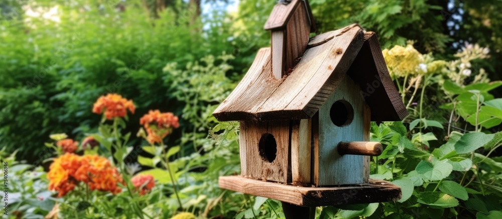 A bird house sits prominently in the center of a well-maintained garden, surrounded by vibrant flowers and lush greenery. The structure provides a safe haven for birds to rest and nest.
