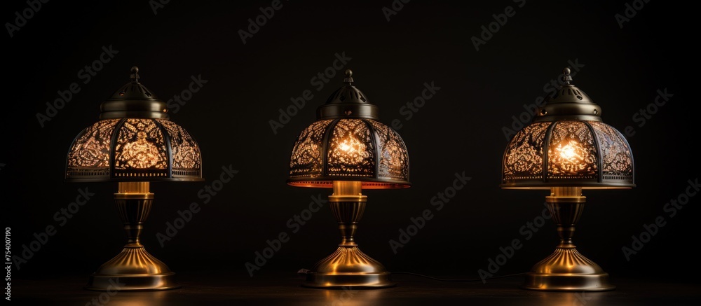 Three lamps illuminated on top of a table against a dark backdrop, casting a warm glow in the room.