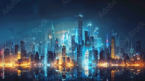 A city skyline transitioning from dark bankrupt buildings to illuminated skyscrapers symbolizing prosperity
