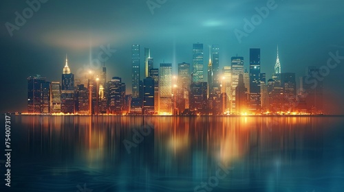 A city skyline transitioning from dark bankrupt buildings to illuminated skyscrapers symbolizing prosperity