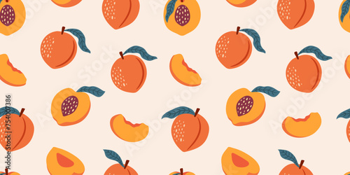 Fototapeta Naklejka Na Ścianę i Meble -  Vector hand-drawn seamless pattern with peaches, slices