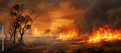 A large  uncontrolled bush fire rages in a field  fueled by climate change and environmental pollution. Dense flames and smoke consume the landscape.