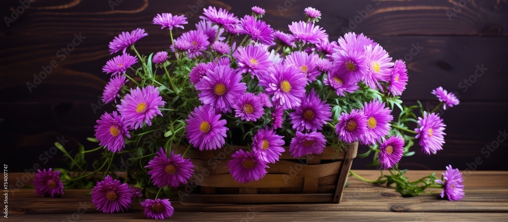 A basket filled with vibrant purple asters sits atop a sturdy wooden table, creating a striking contrast against the rustic backdrop. The delicate flowers exude a sense of natural beauty and
