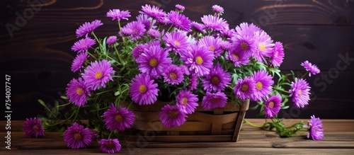 A basket filled with vibrant purple asters sits atop a sturdy wooden table  creating a striking contrast against the rustic backdrop. The delicate flowers exude a sense of natural beauty and