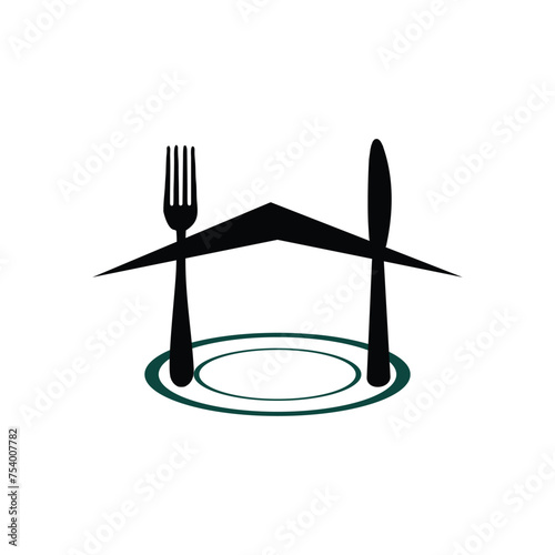 The spoon and fork on the plate are topped with a vector logo roof