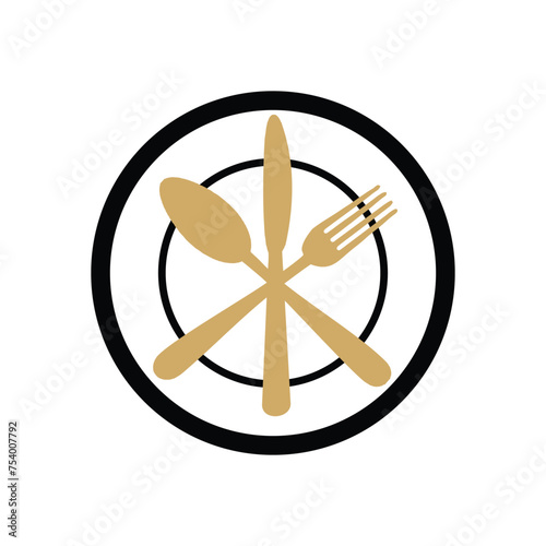 gold colored cutlery on a plate logo vector