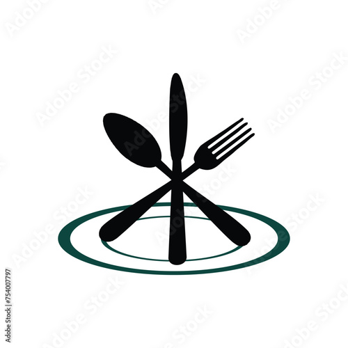 Spoon knife and fork on plate logo vector