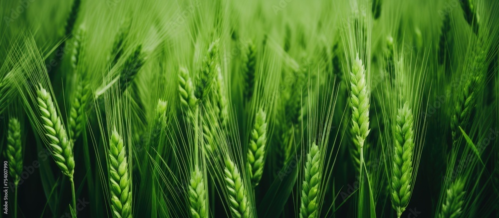 A close-up view of a field filled with lush green wheat spikelets, swaying gently in the wind against a grassy backdrop. A close-up view of a field filled with lush green wheat spikelets, swaying gently in the wind against a grassy backdrop.