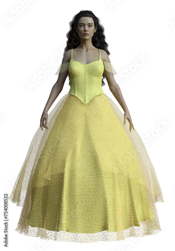 3D rendered beautiful brunette female wearing an elegant yellow gown - 3D Illustration 