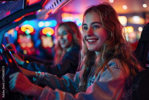 Young women having fun with driving simulator in arcade