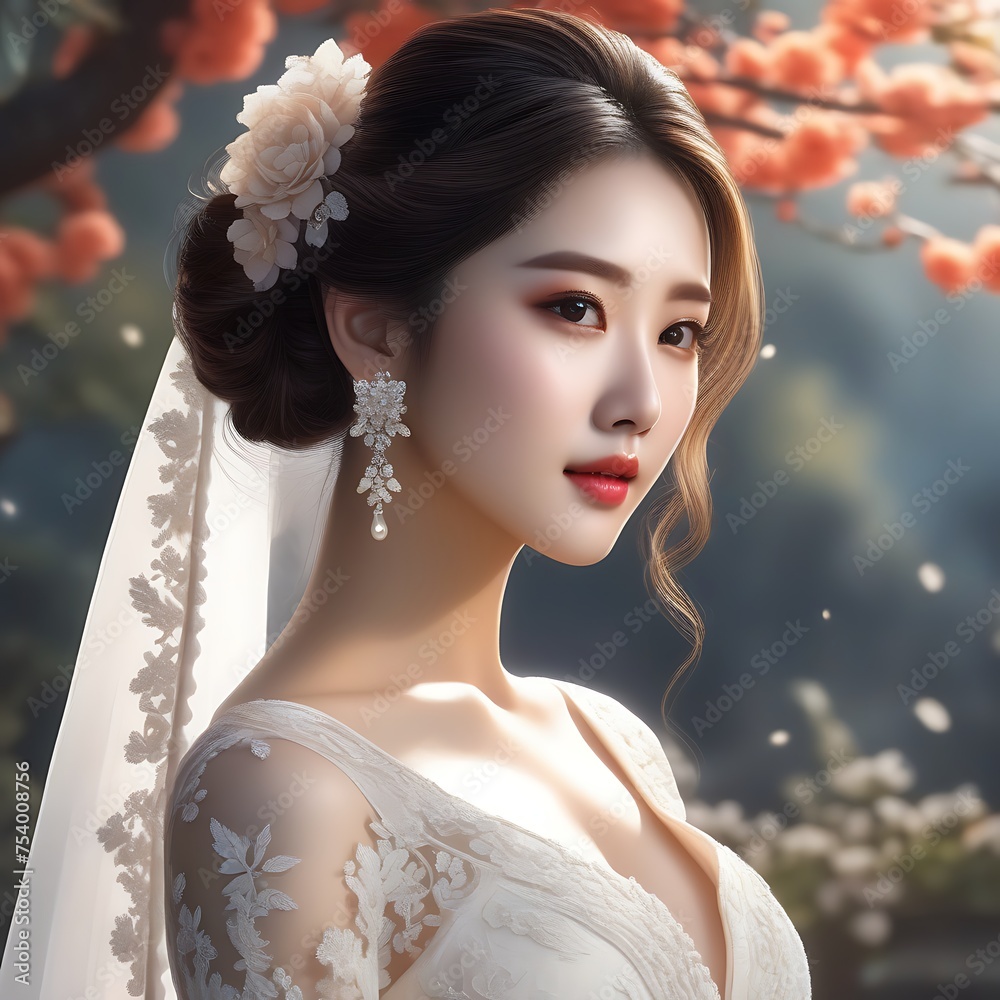 Gorgeous Korean bride in a beautiful dress, perfect skin and make up