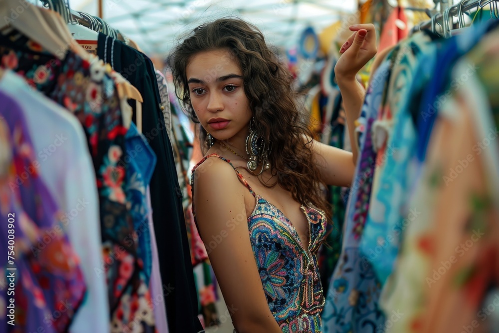 Young woman choosing dress hanging on clothes rack at flea market