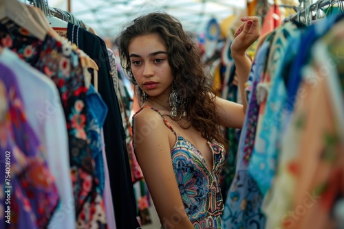 Young woman choosing dress hanging on clothes rack at flea market