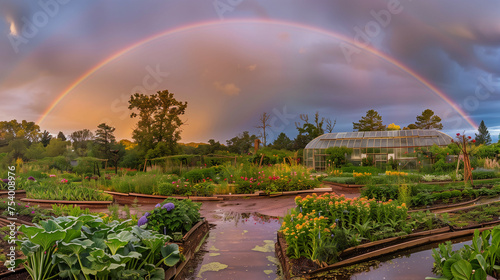 A captivating rainbow arches over a verdant greenhouse garden at sunset, with rain-puddled pathways and a rich tapestry of blooming flowers and foliage after a storm.