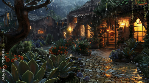 A dreamlike garden path under a starlit sky, with twinkling lights and a soft glow emanating from the cozy cottages, all surrounded by a rich array of night-blooming plants.
