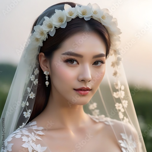 Gorgeous Korean bride in a beautiful dress, perfect skin and make up