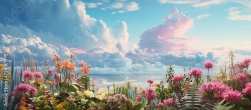 This painting depicts colorful flowers in full bloom against a backdrop of fluffy white clouds in the sky. The flowers are intricately detailed, with petals in various shades, while the clouds add