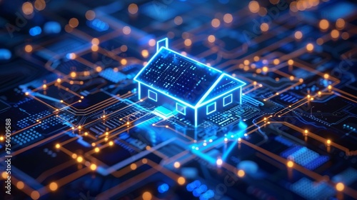 Concept of smart home technology with digital circuit board and glowing house symbol. Futuristic housing and automated system design. Design for technology magazine, smart living editorial. Close-up