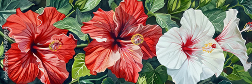 watercolor painting of red and white hibiscus flowers  generative AI