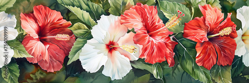 watercolor painting of red and white hibiscus flowers  generative AI