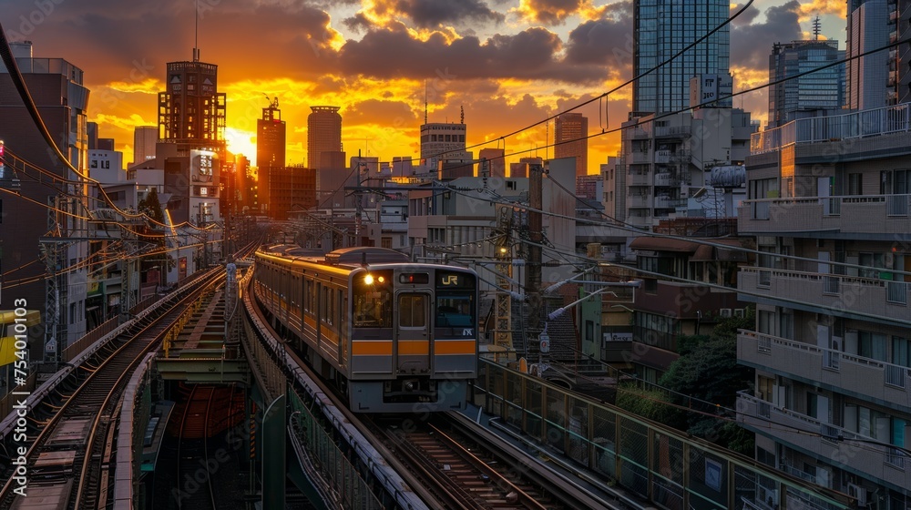 Fototapeta premium Modern express train approaching the city train station on the railway tracks on a sunny day