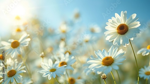 beautiful spring blurred background a blossoming meadow filled with daisies under a serene blue sky 