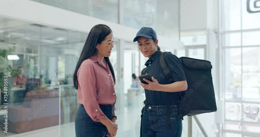 Woman, courier and bag with delivery, phone and app for online shopping or retail. Smartphone, delivery woman and shipping with logistics, ecommerce and supply chain for business with technology