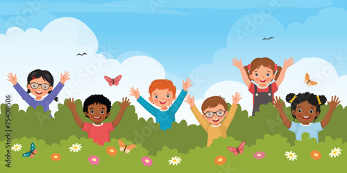Group of multi ethnic kids students playing behind bushes waving hands
