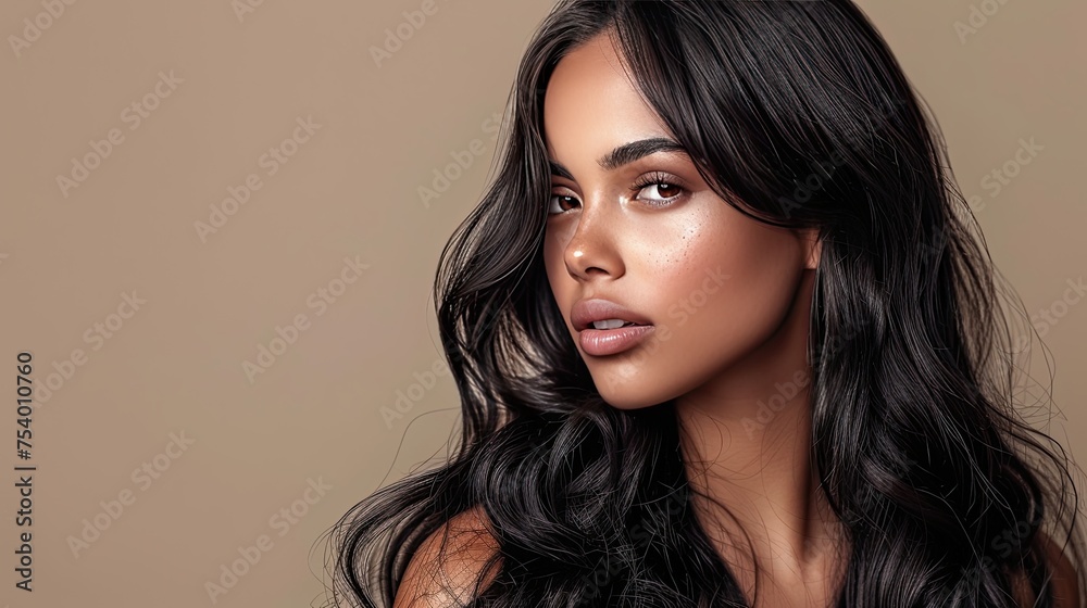 woman model girl with long wavy black hair cosmetics and makeup concept 