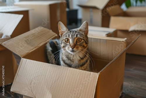 donation concept. Stack of cardboard boxes and cat sitting in empty cardboard box inside the room