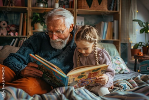 Happy senior man reading storybook with granddaughter on bed at home