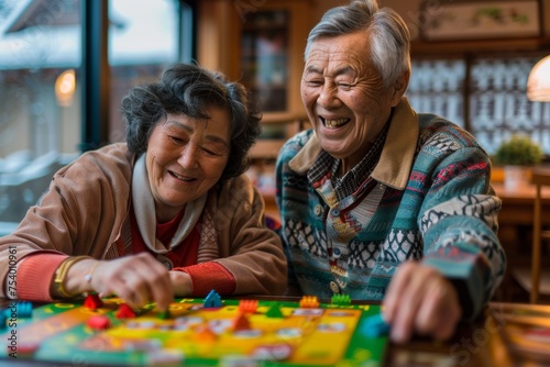 Happy senior couple playing ludo board game at home