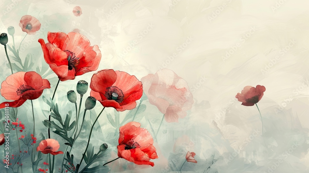 red poppy flowers on light pastel background watercolor style 