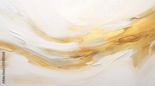 An abstract painting with an impasto palette of gold paint radiating luminosity and depth. White canvas with shiny gold paint in an expression of artistic freedom.