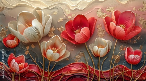Illustration of red and white tulip flowers on textured background with gold accents
