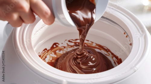 A hand pouring a delicious chocolate sauce into the top of the ice cream maker creating a swirl effect.