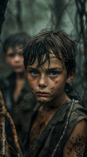 Portrait of sad boys expressing terror on a forest island. Boys with bruised faces and expressions asking for help, feeling lonely and scared.